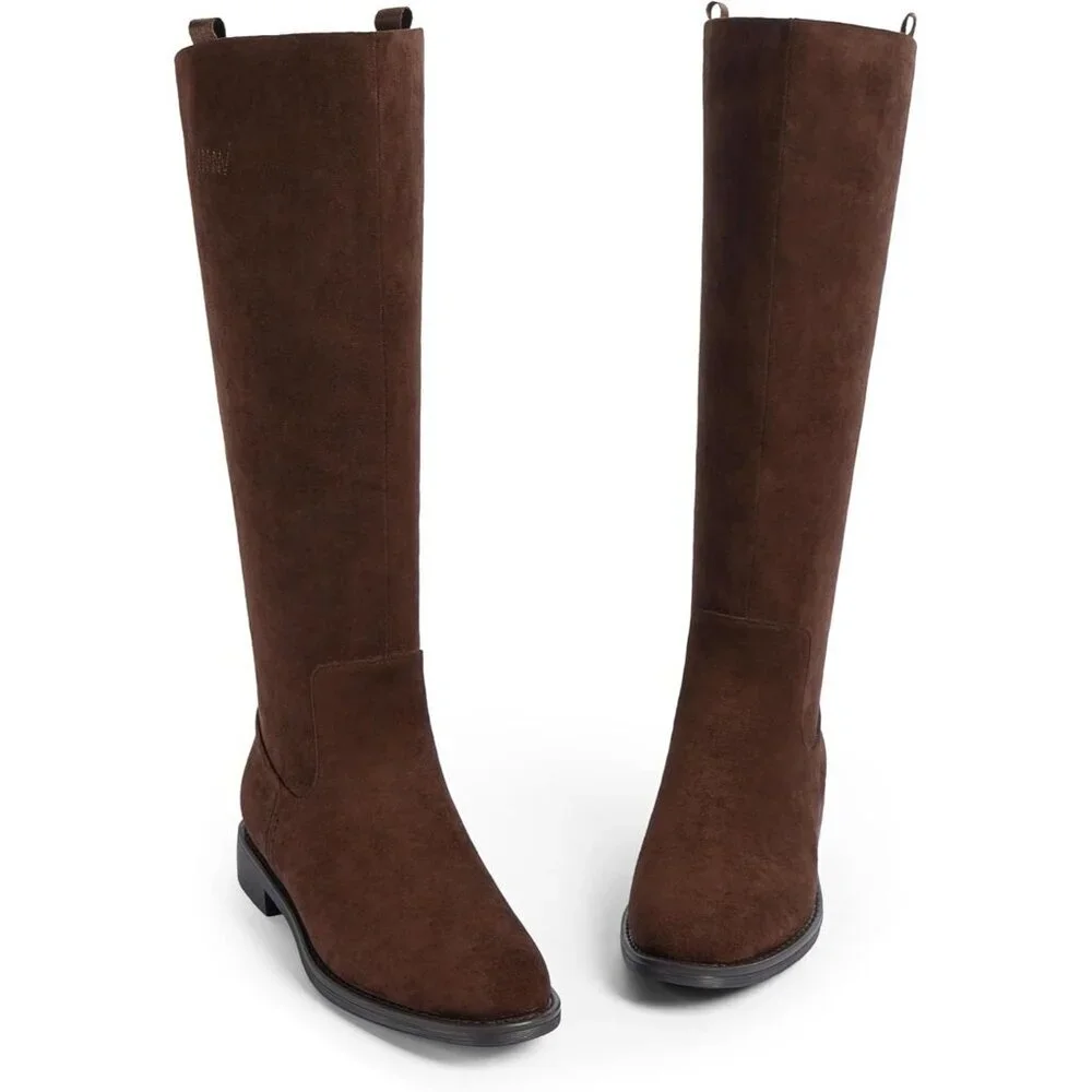 Women's A-suede chocolate  Rounded Toe Flat Low Chunky Zip Heel Knee High Boots